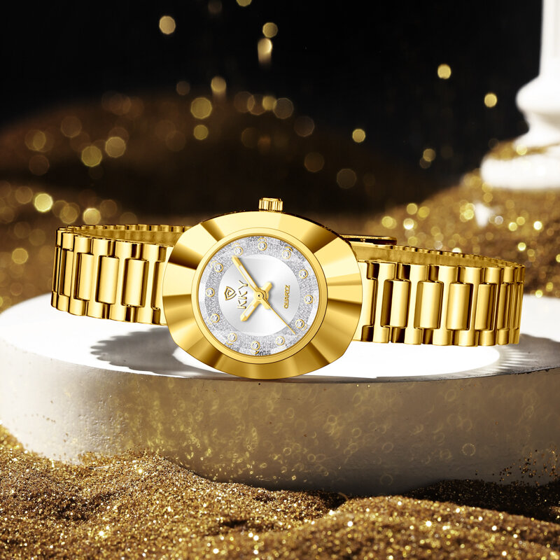 Роскошные золотистые кварцевые наручные часы KKY 2024 для женщин, женские модные водонепроницаемые часы Стразы Girl Relogio Feminino C