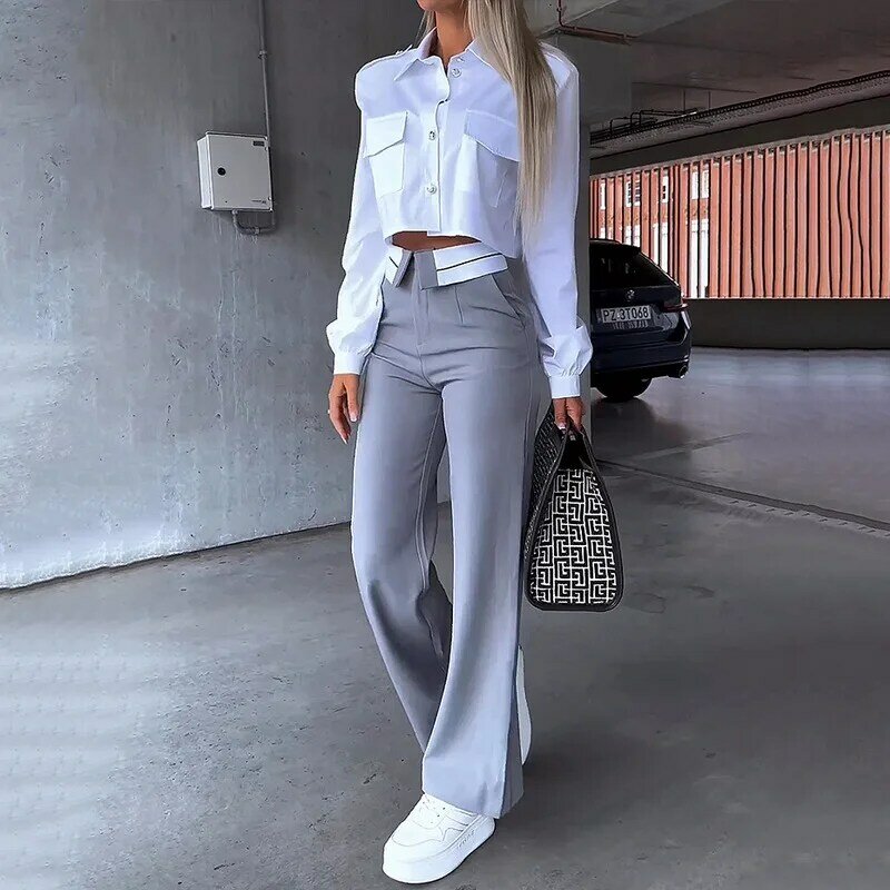 2024 Herbst Frühling Frauen zweiteilig Set Büro einfach solide Revers Langarm weißes Hemd Top grau Hosen Set Blazer elegant y2k