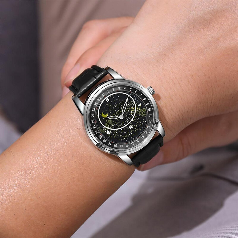 Reloj deportivo con diseño de cielo estrellado luminoso para hombre, relojes de pulsera de cuero PU cómodos, marca de creatividad de moda