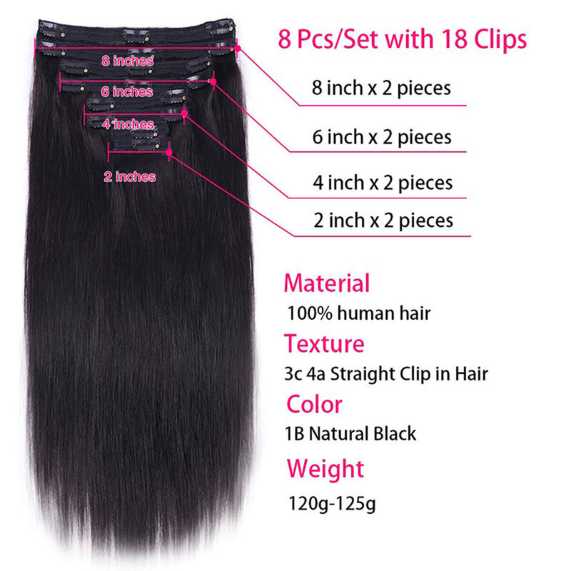 Rechte Clip In Hair Extensions Menselijk Haar Vol Hoofd Braziliaanse Clip In 8 Stks/set Natuurlijke Haarclip Ins 26 Inch 120G Remy Haar