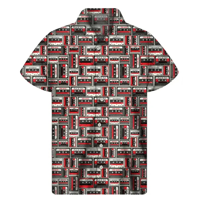 Рубашка мужская с 3D-принтом музыкальной ленты, гавайская блузка с короткими рукавами, уличный лацкан, на пуговицах, в стиле ретро, Y2k, лето