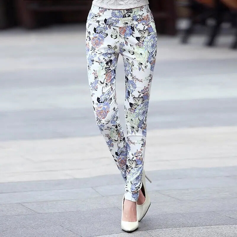 2024 letnie nowe damskie elastyczne spodnie Casual damskie smukłe stopy ołówkowe kwiatowy Temperament spodnie damskie przypływ