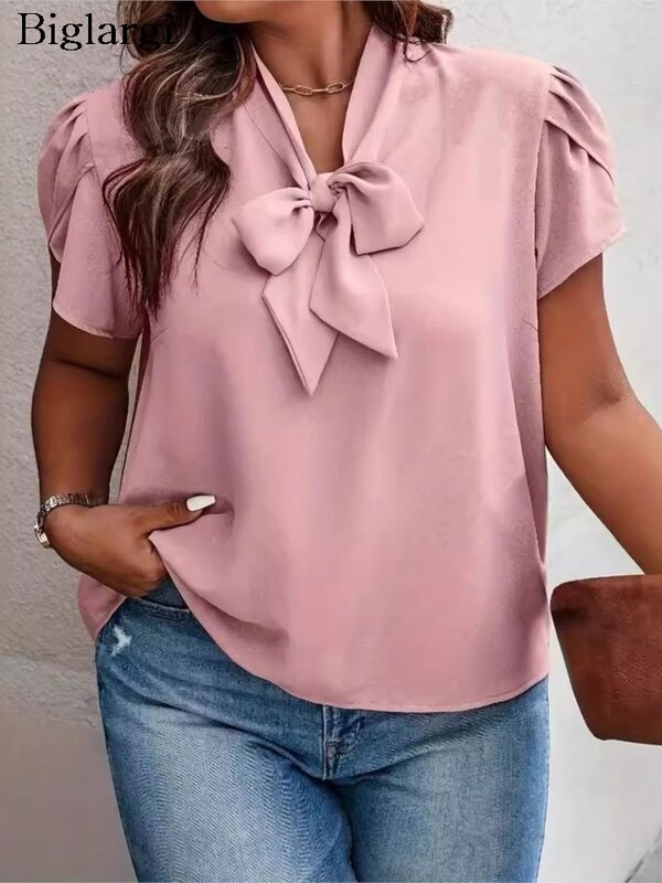 Plus Size Summer Pullover Tops Women Bow Collar Fashion Elegant Pink Ladies Blouses Loose Casual Pleated Woman Tops