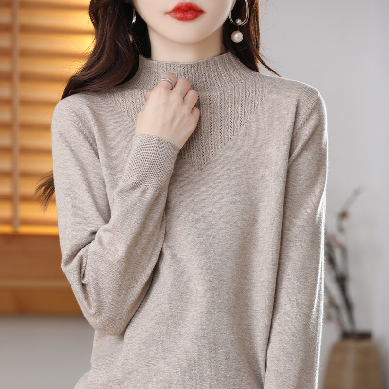 Camisa de punto con cuello semialto para mujer, suéter suelto de manga larga, Color sólido, fino, novedad de otoño e invierno, 2023