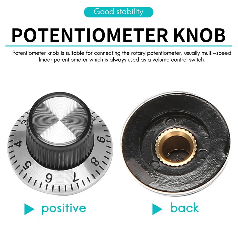Potenciômetro potenciômetro, botão de metal com plataforma giratória para eixo de 6mm 0-9