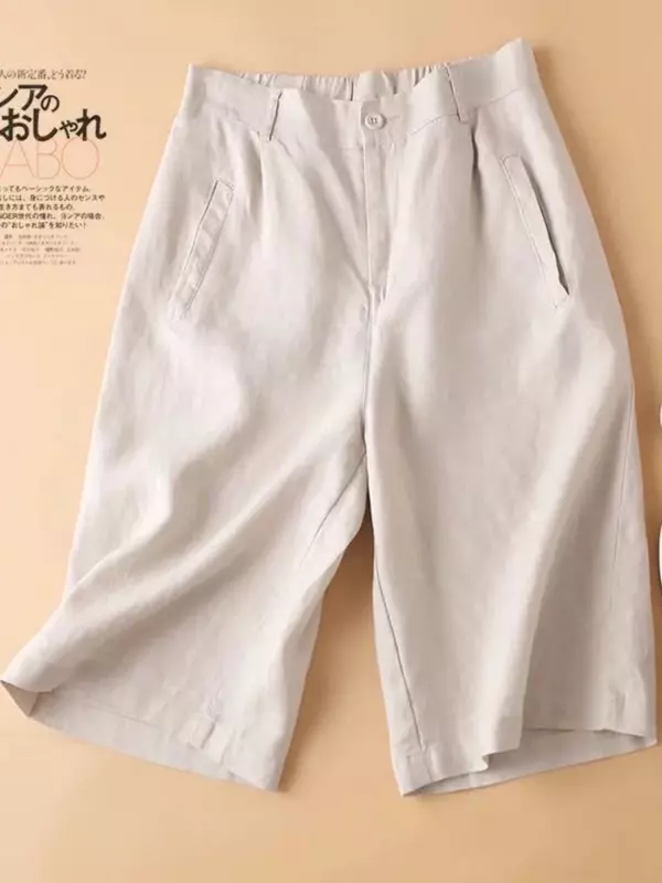 Calções de linho de verão feminino, casual, elástico na cintura, branco, sólido, básico, solto, perna larga, algodão, cintura alta