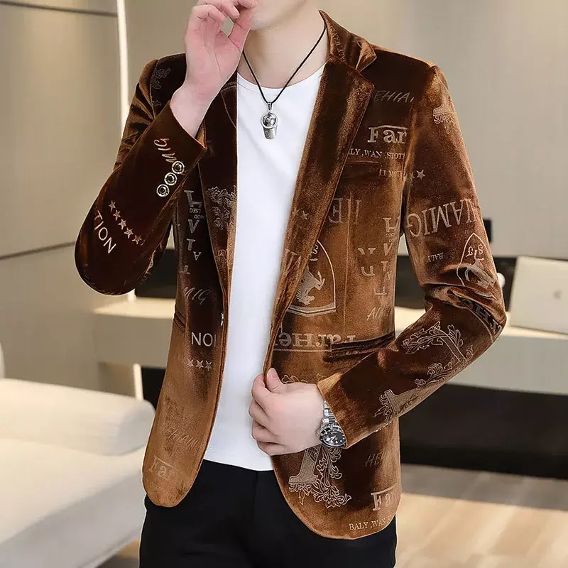 Jaqueta de luxo de veludo masculino, Blazer estampado bronzear, Slim Fit, casual, negócios, Blazers sociais, marca de moda, roupas