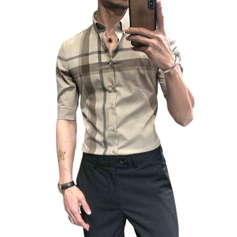 Elegant Fashion Harajuku Slim Fit Ropa Hombre Loose Casual Sport All Match Shirt Square Neck Button Lattice Middle Sleeve Blusa
