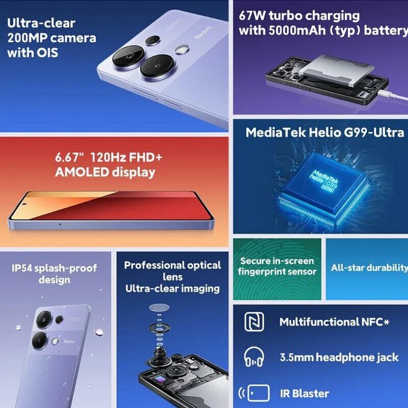 Xiaomi-Smartphone Redmi Note 13 Pro, Versão Global, 4G, MTK Helio G99-Ultra, Display AMOLED de 6,67 ", Turbo Charge 67W, 5000mAh