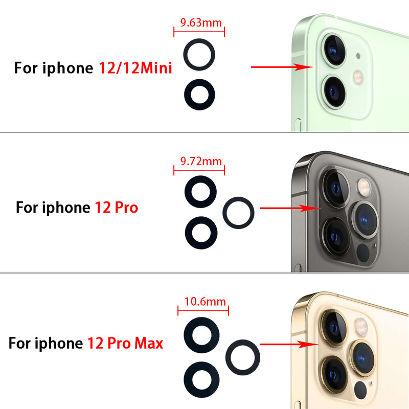 Cristal de cámara trasera para IPhone, piezas de repuesto de reparación de lente de cristal para cámara trasera de IPhone 6, 7, 8 Plus, X, XR, XS, 11, 12 Pro Max, 12mini, 2 unidades