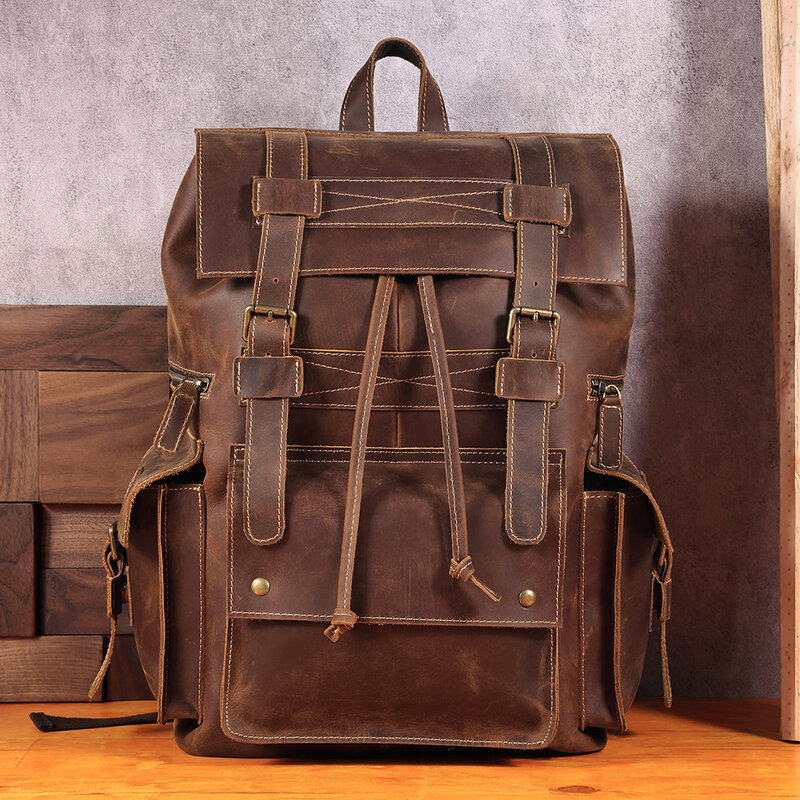 JOGUJOS-Mochila de couro genuíno masculina, couro de cavalo louco vintage, bolsa de viagem casual, mochila laptop 17 ", design de moda