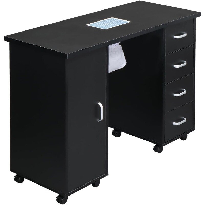 Manicure Nail Table Station, Salon Spa Nail Desk with Electric Downdraft Vent, Locking Castors, 2 Layers Storage Cabinet