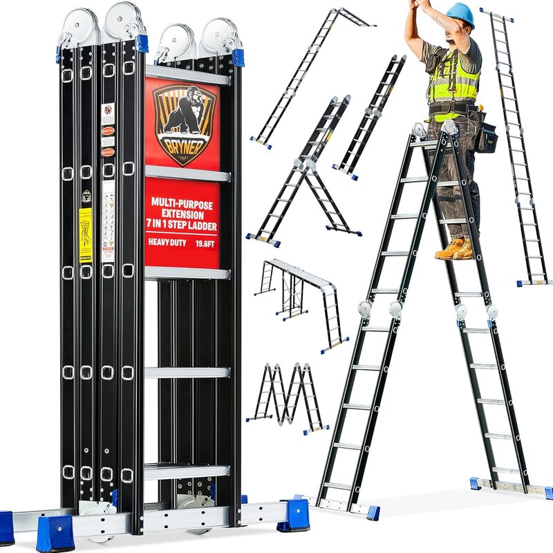 Bryner-escalera plegable de 19,6 pies, 7 en 1, escalera de extensión de aluminio telescópica ajustable, plegable, multiusos, 330lbs