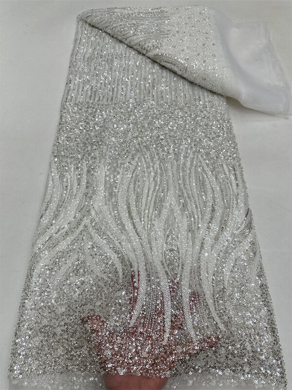 Tela de encaje de lentejuelas africanas 2024, Material de encaje de tul francés nigeriano con cuentas bordadas de alta calidad para Material de boda Rf