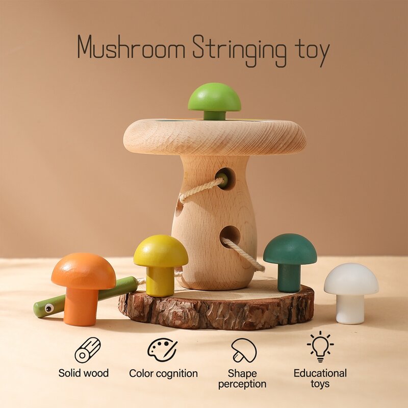 Cogumelo Montessori de madeira Threading Game para crianças, brinquedos educativos, habilidade motora fina, brinquedos pré-escolares, presentes do bebê