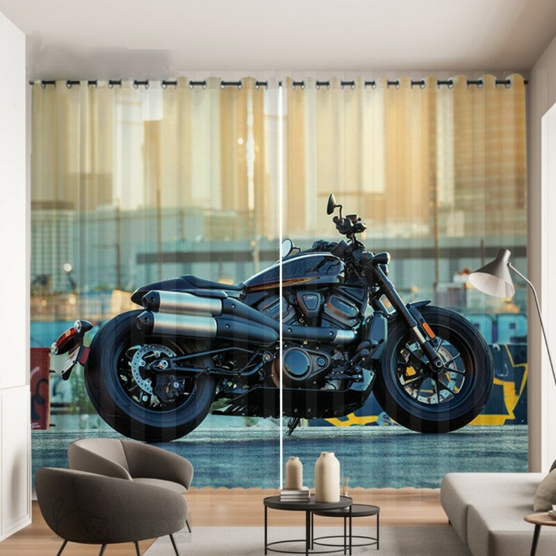 Tirai motif sepeda motor klub 2 panel, tirai dekorasi ruang tamu kamar tidur anak laki-laki gaya industri atasan Grommet