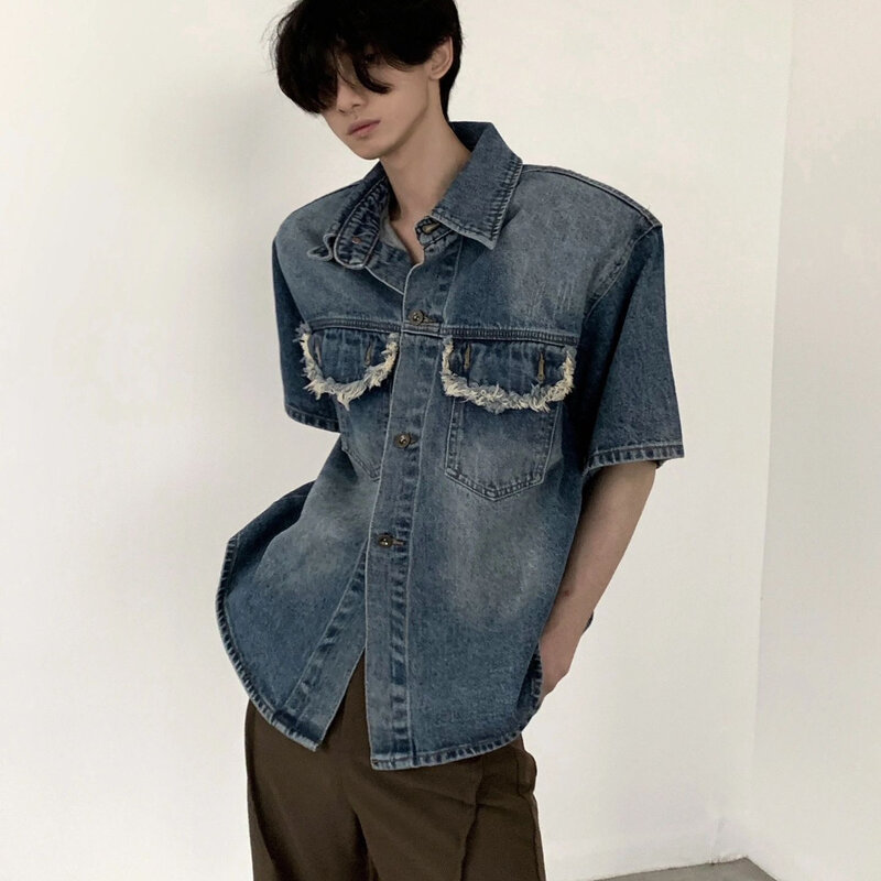 メンズ半袖デニムシャツ,韓国の人気の服,流行のストリートウェア,豪華な夏のTシャツ,2024