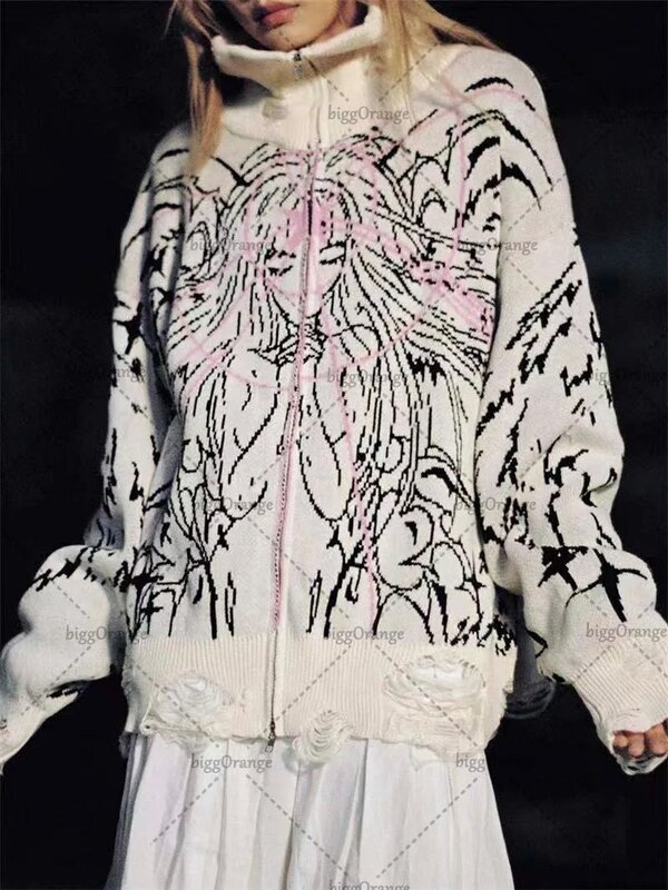 American Trendy Gothic Cartoon Letters maglione lavorato a maglia Oversize moda donna Versatile girocollo Cardigan maglione da donna