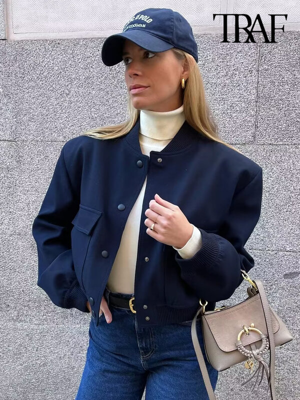 TRAF-Jaqueta bomber feminina de manga comprida com bolsos, casacos vintage, botão frontal, casacos casuais femininos, tops chiques, moda
