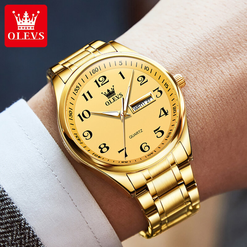 OLEVS jam tangan kuarsa tahan air pria, arloji bisnis baja tahan karat emas mewah merek terkenal dengan tanggal Minggu untuk pria