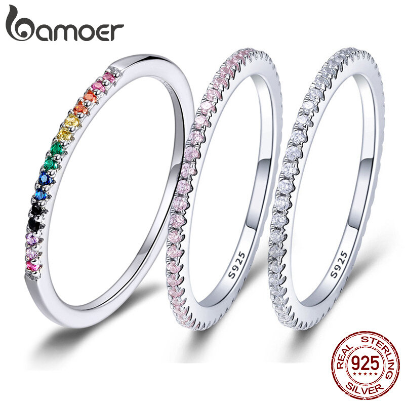 BAMOER-anillo apilable de diamantes de imitación para mujer, de Plata de Ley 925, bandas Eternity chapadas en platino, CZ