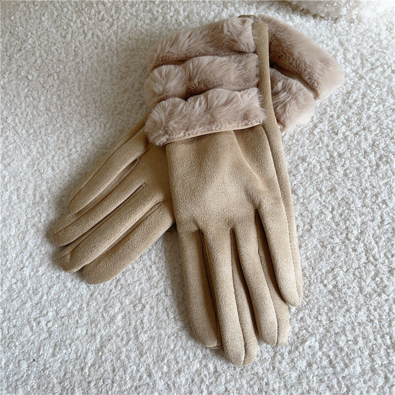 Fashion Elegant Women Winter Suede Keep Warm Touch Screen Gloves Thickened Fleece Plush Fluffy Wrist Drive Cycling Soft