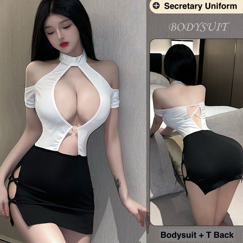 Halter Open Bra Office Secretary Bodysuit Backless Teacher Uniform Bandage Hollow Mini Skirt Stewardess Role Play Porn Outfit