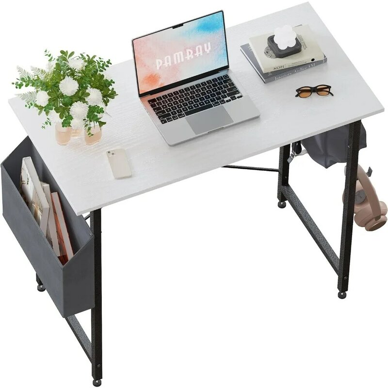 Mesa do computador para espaços pequenos, saco do armazenamento, mesa do trabalho do escritório home, gancho do fone de ouvido, 32"