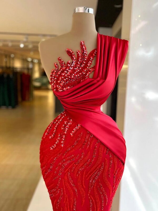 Modern One Shoulder Cocktail Dresses Sparkly Sequins Beads Evening Dress Graceful Red Straight Long Prom Gown Robe De Mariée