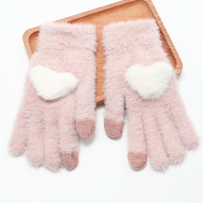 ถุงมือสีชมพูหัวใจสำหรับผู้หญิง, ถุงมือหนา1คู่ถุงมือแบบเต็มนิ้วถุงมือให้ความอบอุ่นสำหรับเด็กผู้หญิงหน้าจอสัมผัส