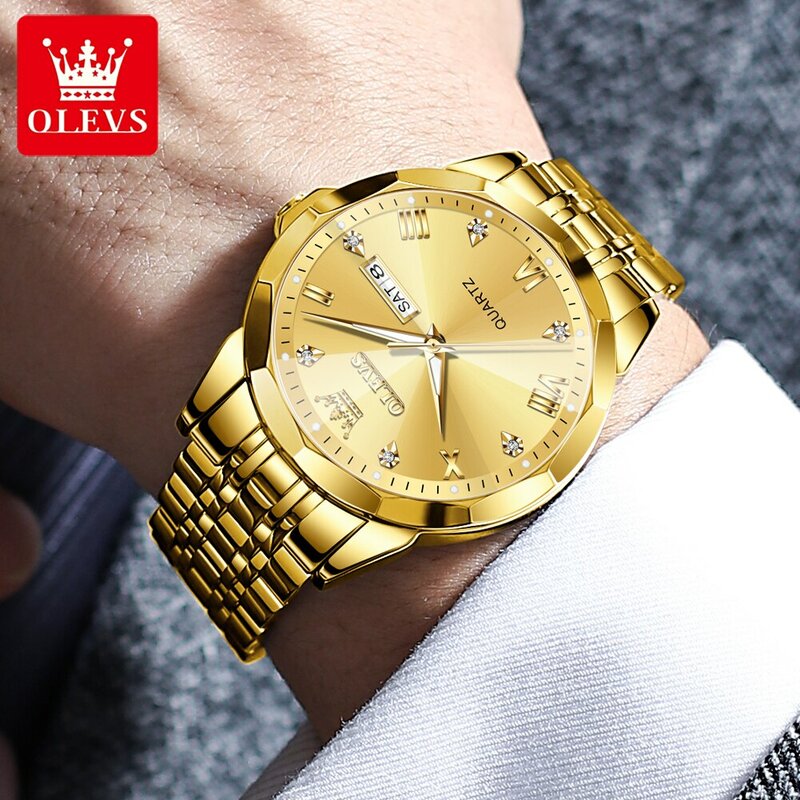 OLEVS zegarki męskie romb lustro oryginalny zegarek kwarcowy dla mężczyzny wodoodporny świecący zegarek ze stali nierdzewnej męski data tydzień