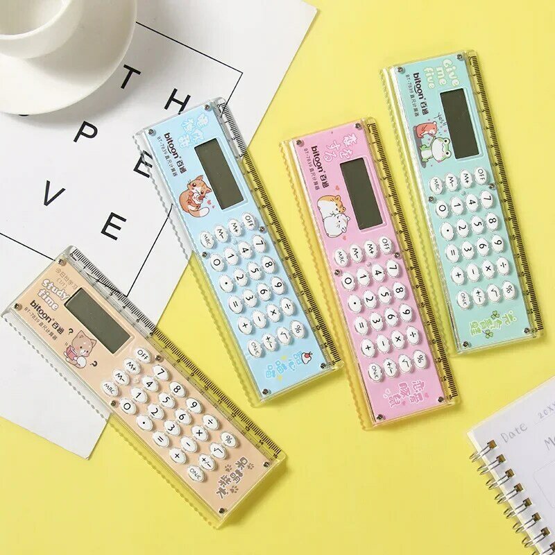 Kawaii Cartoon Mini Lineal Rechner Multifunktions 15cm Lineal mit Taschen rechner Studenten Briefpapier Büro Schul material
