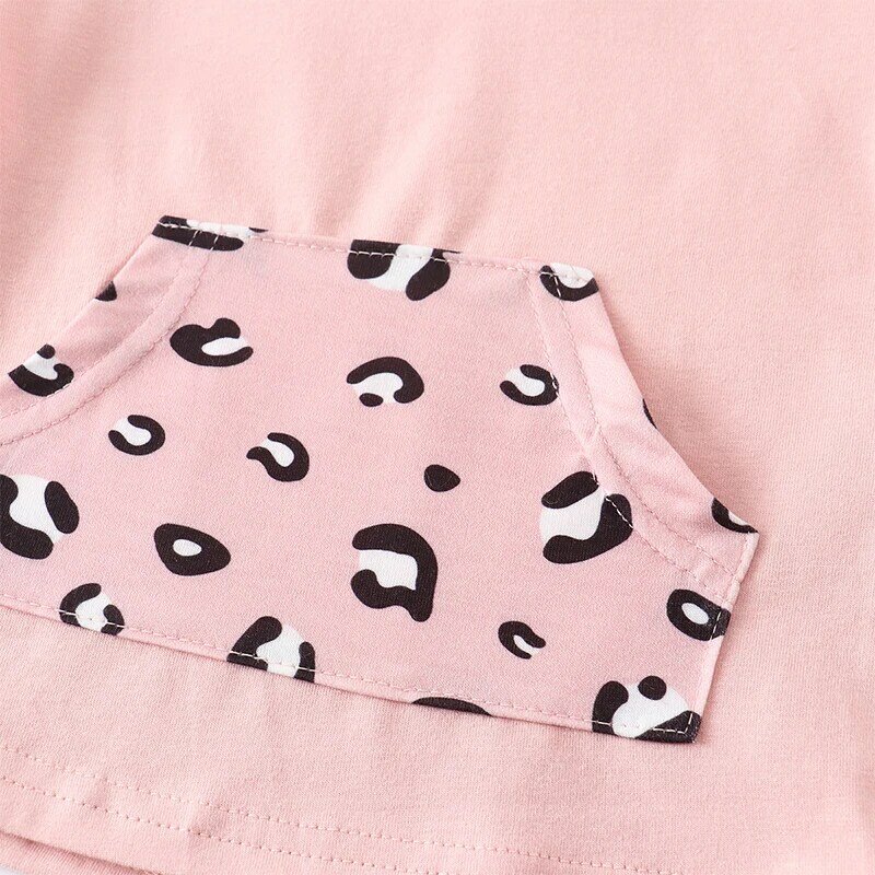 Модный повседневный комплект одежды для маленьких девочек из 2 предметов, летний розовый топ с коротким рукавом и капюшоном + розовые леопардовые укороченные штаны, костюм принцессы