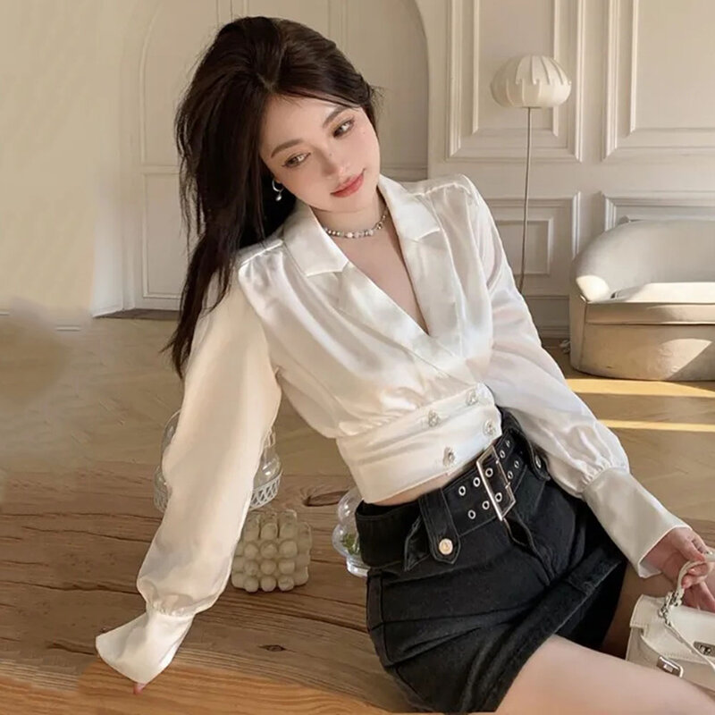 Koreaanse Lente Temperament Vrouwen Blouse Vintage Chique Elegante Holle Mouw Tops Y 2K Dames Turndown Kraag Casual Korte Shirts