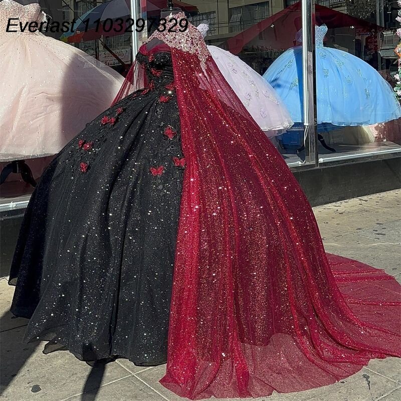 EVLAST Black Red Quinceanera Dress Ball Gown Lace Applique Beaded Crystal With Cape Mexico Sweet 16 Vestidos De 15 Anos TQD740