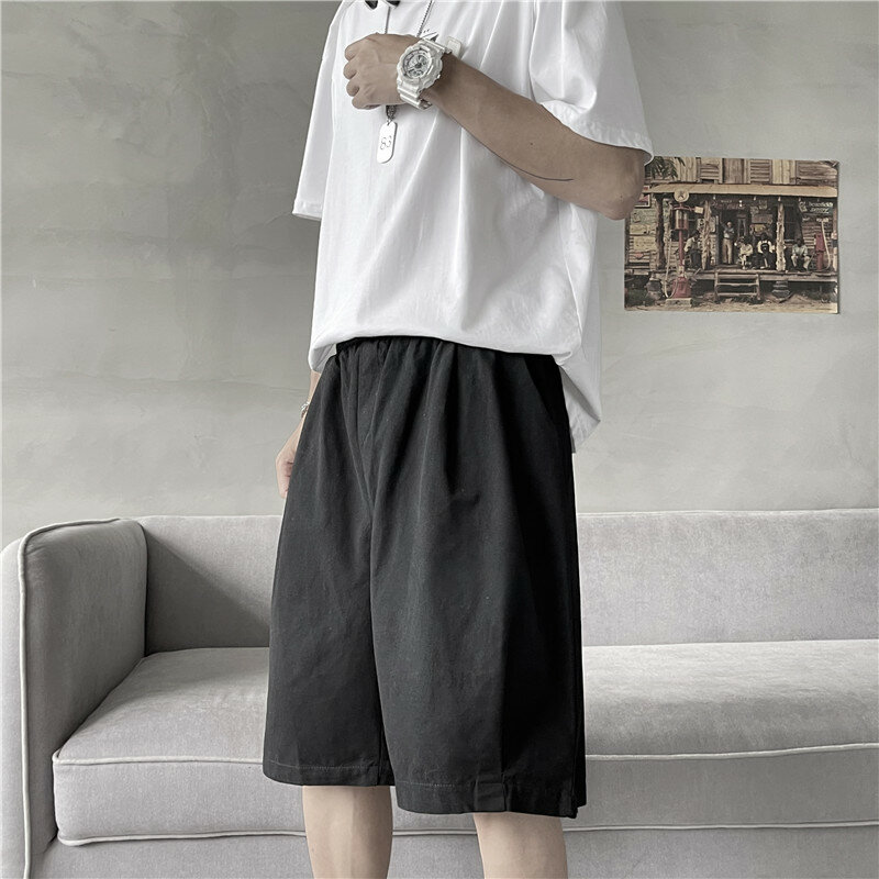 2024 Summer Mens Cotton Shorts Sports Fitness Breathable Loose Cargo Shorts for Men Fashion Pure Color Drawstring Pockets E179