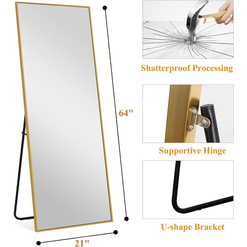 Espejo de piso a techo, espejo montado en la pared, montado en la pared espejo vertical, Marco delgado de aleación de aluminio (dorado)