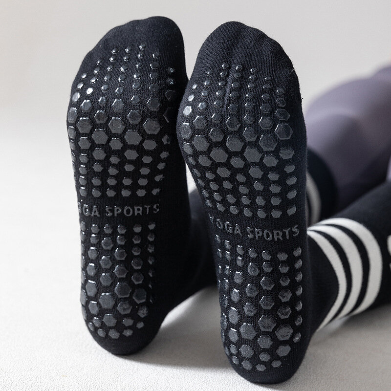 Chaussettes de yoga rayées en coton à tube long, bas de mollet unisexe, chaussettes de sol anti-alde en silicone, chaussettes de pilates, chaussettes de sport de danse de fitness