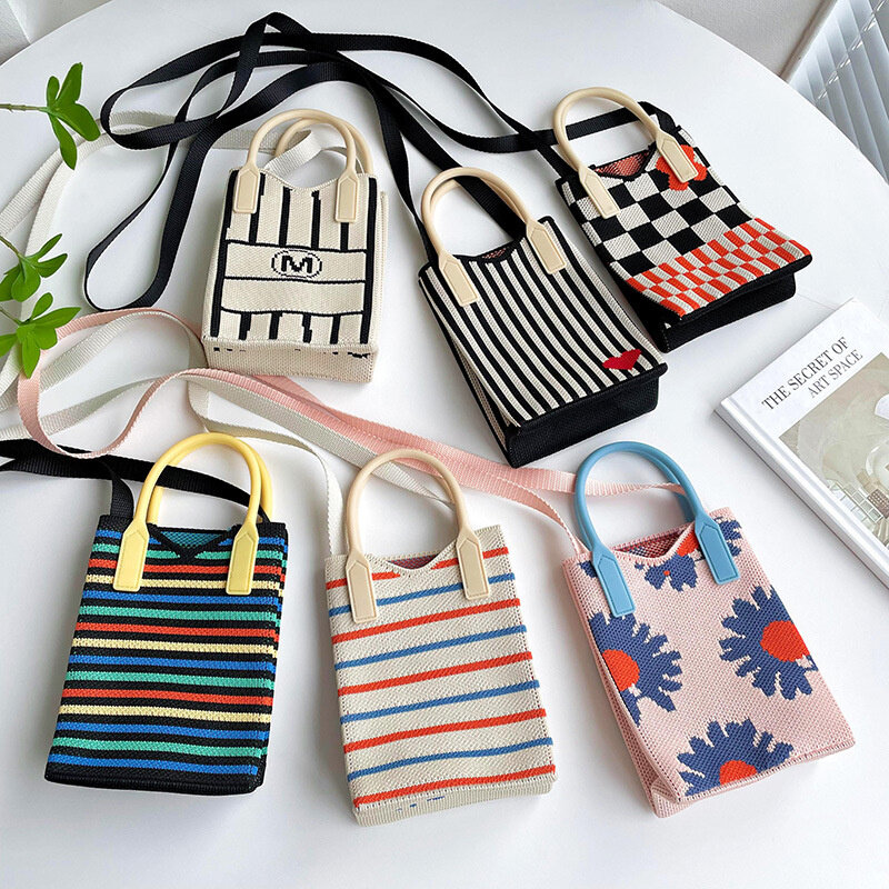 Knitted Mini Cross-Body Mobile Phone Bag Korean Versatile Student Commute Shoulder Bag Square Small Purse Handbag For Women 2024