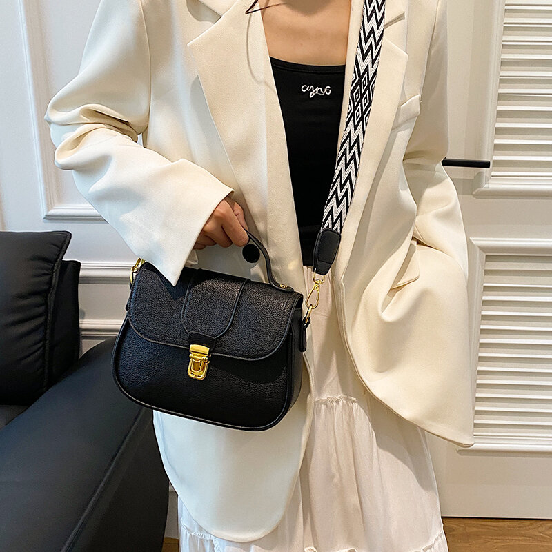 Tas selempang bahu kulit Pu warna polos untuk wanita merek desainer tas tangan tali lebar dapat disesuaikan dan dompet tas persegi kecil