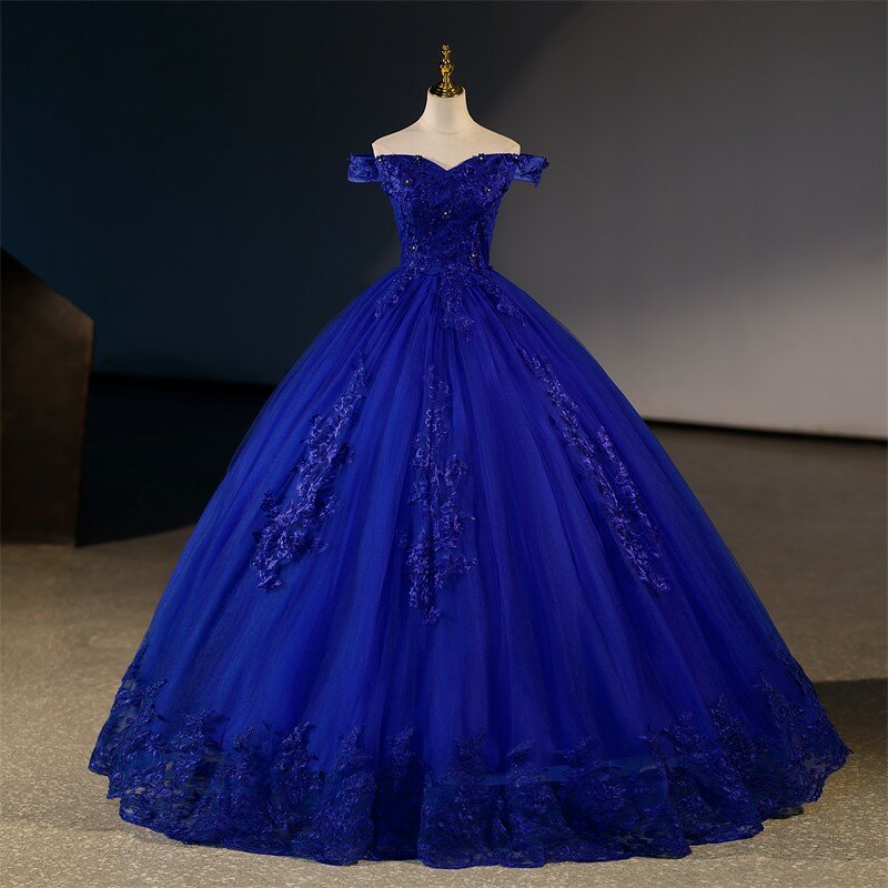 Женское платье с открытыми плечами, синее элегантное бальное платье с цветочным принтом, классическое кружевное платье для выпускного вечера, лето