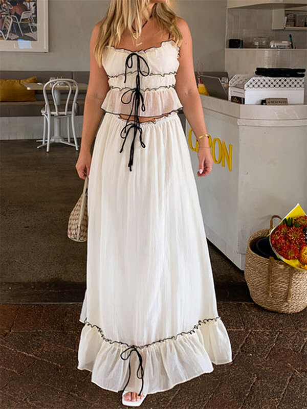 Top corto plisado blanco para mujer, traje de falda larga con volantes, vestido de vendaje de encaje, de 2 piezas Conjunto elegante, traje de playa