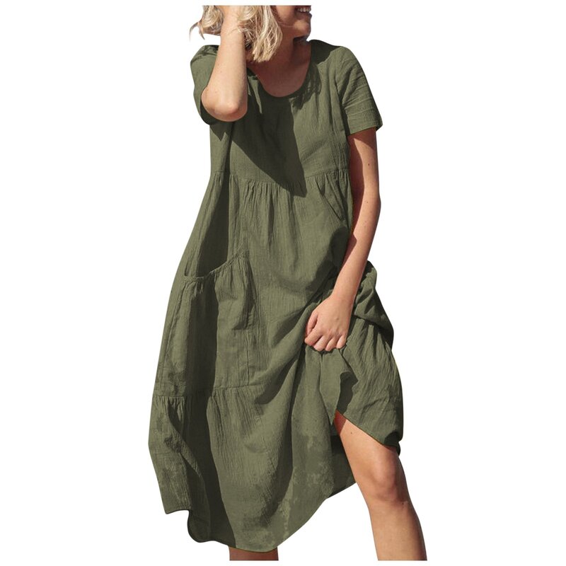 Traf-Vestido largo de lino y algodón para mujer, prenda de manga corta con cuello redondo y bolsillos, para verano, 2024