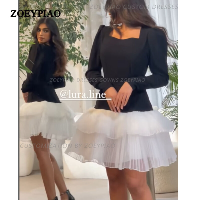 Czarno-białe krótkie wielowarstwowe suknie balowe z pełnymi rękawami proste formalne suknie wieczorowe Organza suknia ślubna Vestidos de gala