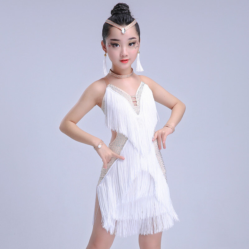 فستان رقص لاتيني مع شرابة بيضاء للفتيات ، أزياء قاعة الرقص ، التانغو والسامبا ، فستان بشراشيب