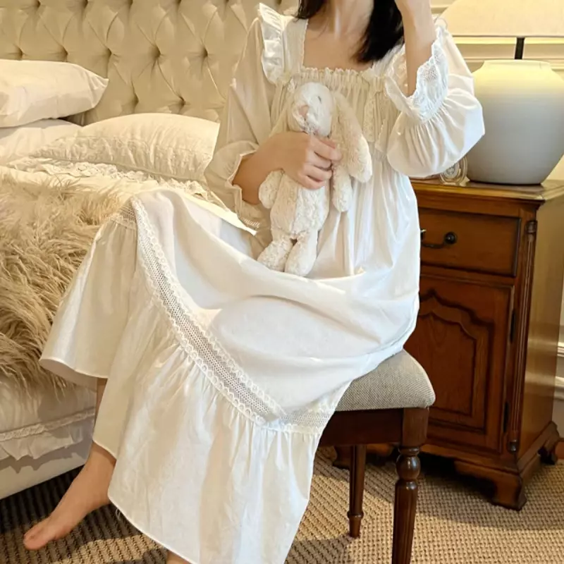 Vestido noturno branco vitoriano para mulheres, algodão puro, renda sexy, babados, roupão de manga comprida, pijamas Peignoir, camisolas vintage