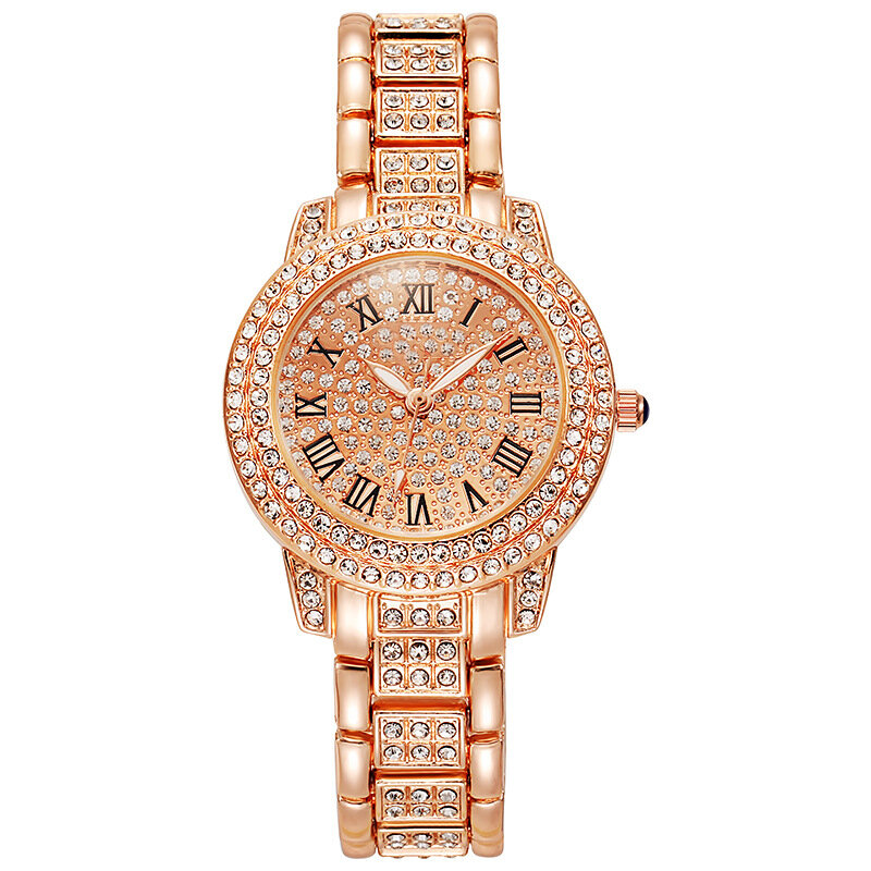 Jam tangan ini penuh berlian mewah atmosfer elegan gelang baja jam tangan Subdial untuk wanita