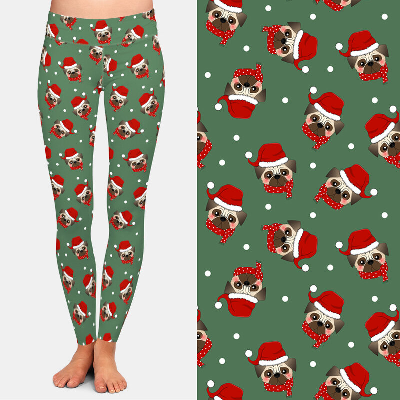 LETSFIND High Elastic Pug Santa Claus Dog with Red Scarf Print Workout Leggings New Women High Waist Slim Leggings