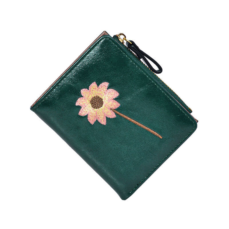 Cartera de PU de color sólido con estampado de flores, bolso de mano, temperamento, simple, línea de costura, monedero, broche para niña