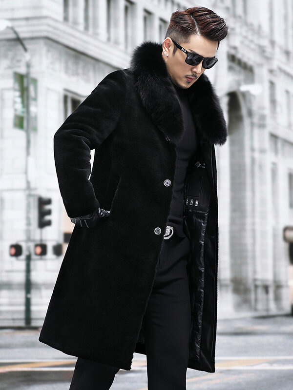 2023 Winter Men's New Long Real Fox Fur Collar Coats Male Genuine Lamb Fur Jackets Men Single Breasted Pockets Outerwear P520